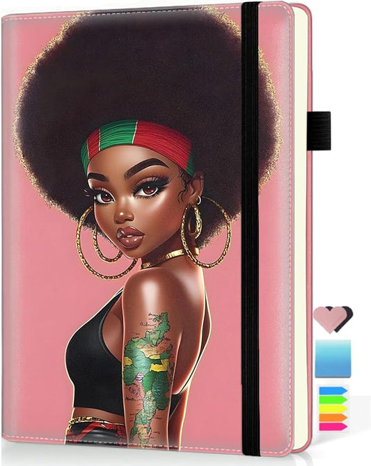 Hardcover Executive Notebooks, A5 PU Leather Lined Journal Notebook, 200 Pages Thick Paper Subject Notebooks for School,Work,Home Writing Business Notebook, Diary Book, African Black Girl