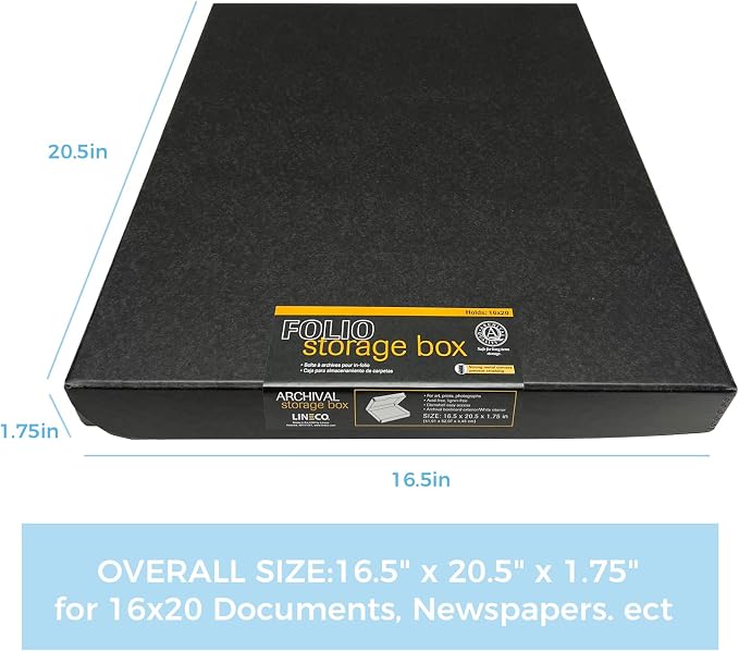 Lineco Clamshell Archival Storage Box, 16.5x20.5x1.75 In, Black, Pack of 2 | Acid-Free with Metal Edge Boxboard, Organize and Store Photos Documents Cards Negatives Magazine Prints Family Records DIY