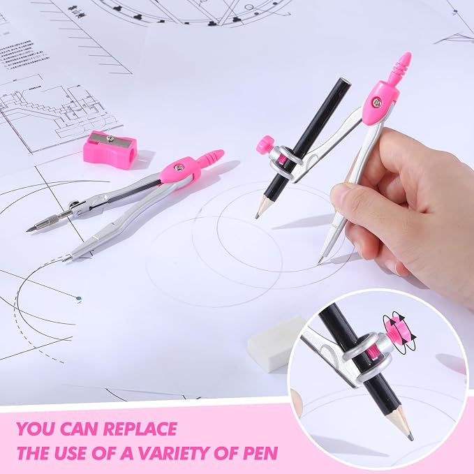 Zonon Math Geometry Set for Students 10 Pcs Compass Geometry Tools Kit Includes Protractor Compass Lead Refills Rulers Pencil Sharpener Eraser Pencil Storage Box for Drafting and Drawings(Pink)