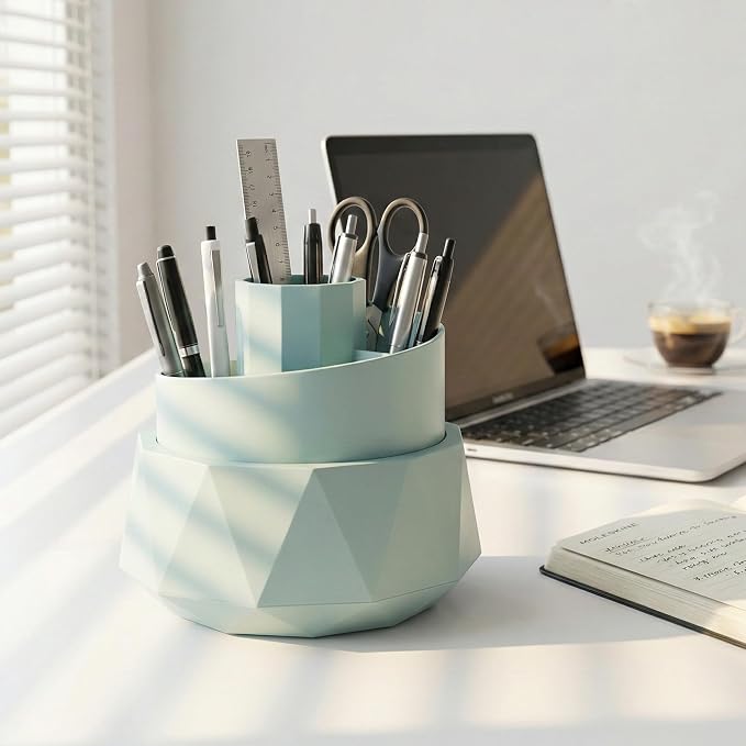 360° Rotating Pen Holder, Large Capacity Pencil Organizer with 4 Compartments for Office and Art Supplies (Blue)