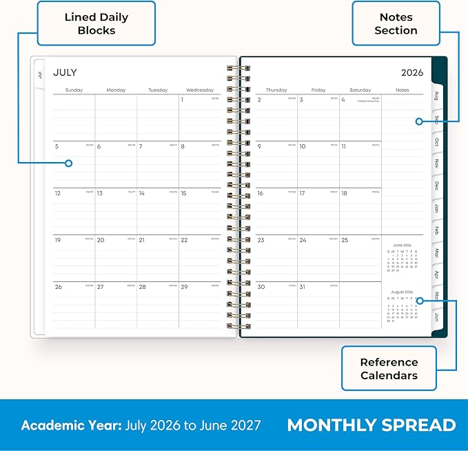 Blue Sky 2026-2027 Weekly & Monthly Academic Planner, 5.875"x8.625", Greta | July 2026 - June 2027, Flexible Cover, Wirebound, Laminated Tabs, Extra 30 Sheets of Notes, Academic Year