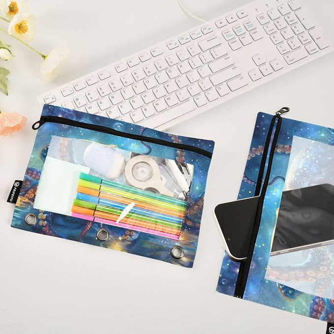 ALAZA Octopus Blue Pencil Pouch for 3 Ring Binder 2 Pack Zipper Binder Pencil Bag Case with Clear Window Office Supplies