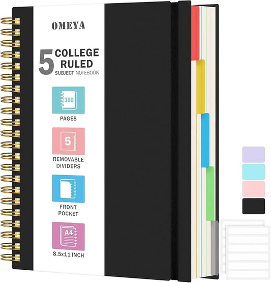 Spiral Notebook 8.5" x 11", 5 Subject Notebooks College Ruled with Dividers | 300 Pages 100GSM Thick Spiral Writing Journal for Women & Men, Large A4 Lined Journal Notebooks for Work, School Supplies