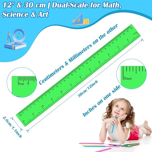 36 Pack 12 Inch Clear Green Plastic Rulers Bulk, Transparent Metric Rulers with Centimeters and Inches, Straight Measuring Rulers for Back to School, Kids Classroom School Office Home Supplies