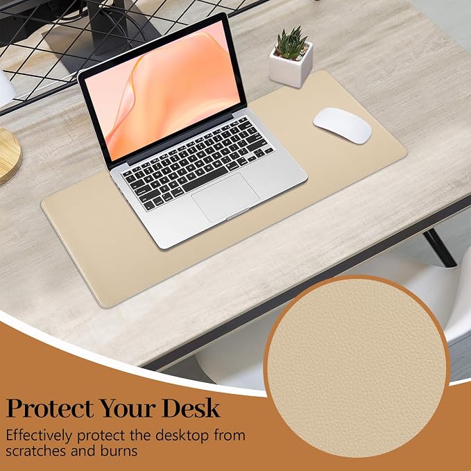 Beige Leather Desk Mat Large Mouse Pad, Waterproof Desk Pad for Keyboard and Mouse, Non-Slip Computer Desk Protector, Smooth Mouse Movement Desk Mat for Home and Office(23.6"×13.8")