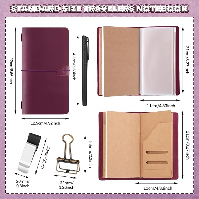 Thenshop Travelers Refillable Purple Leather Journal Notebook Travel Diary Stand Size Handmade Travelers Journal for Men and Women with 3 Notebook Inserts, Pen Holder, Binder Clip