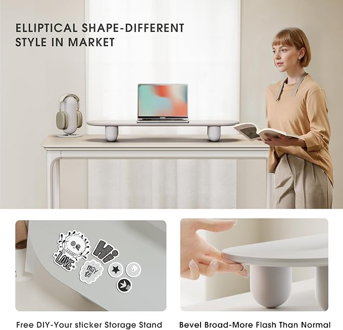 Fenge Computer Monitor Stand with Solid Beech Wood Legs, 34 Inch | All-White Finished Panell, 5-Min Tool-Free Assembly, Oval Monitor Riser for Art Spaces, Studios, Home Office