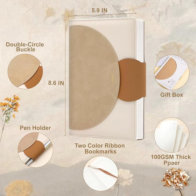 CAGIE Lined Journal for Women, 100GSM Leather Journals for Writing with Buckle Closure,A5 Hardcover Diary Journaling Notebooks for Business Work School Note Taking 5.9" x8.5 (Brown x 2)