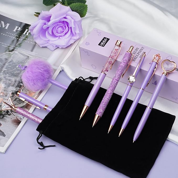 WEMATE 8Pcs Purple Pens, Metal Crystal Diamond Pens with Black & Blue Ink | Fancy Pens for Journaling, Office & Gift Supplies for Women Girls, Birthday and Back to School