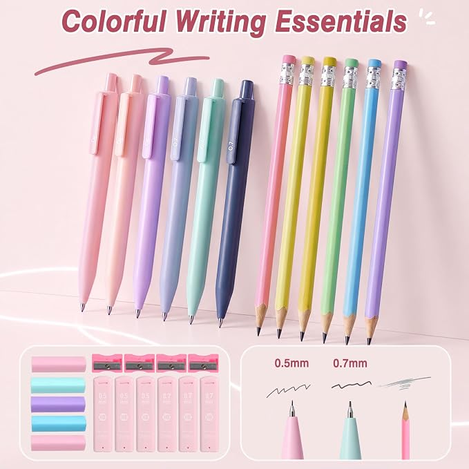 MoKo Pencil Case with Supplies, 59Pcs Aesthetic School Set, Pink | Includes gel pens, wooden and mechanical pencils, 0.5 and 0.7 mm refills, highlighters, erasers and sharpeners.