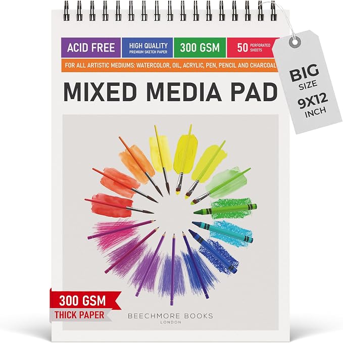 Beechmore Books 9"x12" Watercolor Sketchpad - Professional Spiral Bound Sketchbook, 50 Sheets 300 GSM / 140 lb Heavyweight Acid-Free Paper, Micro-Perforated for Acrylic, Gouache and Mixed Media