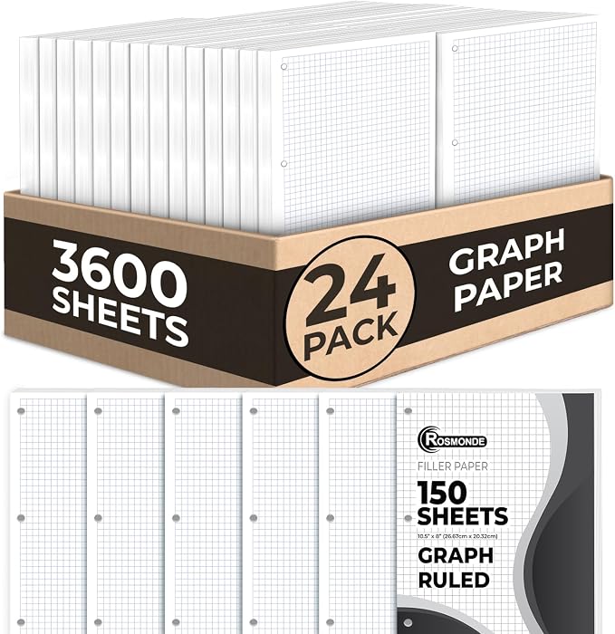 Rosmonde 3600 Sheets Loose Leaf Paper Bulk, 24 Pack, Graph Ruled Paper Bulk | Quad Ruled Sheets, 8" x 10.5", Bulk Notebook Papers, 3 Hole Punched, Graph Ruled Filler Paper for Binders, 150 Sheets/Pack