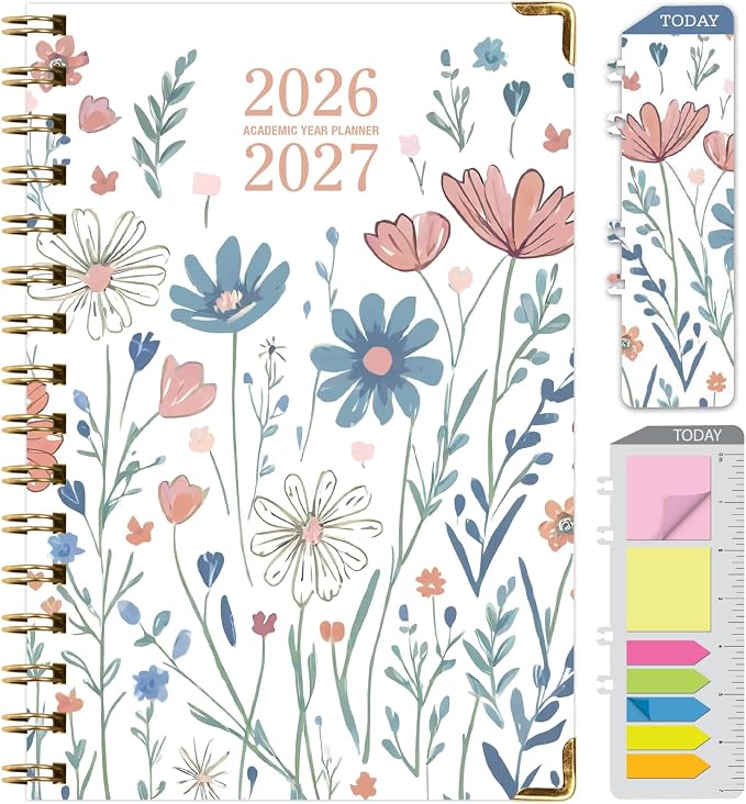 HARDCOVER Academic Year 2026-2027 Planner: 14 Months (May 2026 Through June 2027) 5.5"x 8" Daily Weekly Monthly Planner Yearly Agenda. Bookmark, Pocket Folder and Sticky Note Set (Colorful Botanicals)