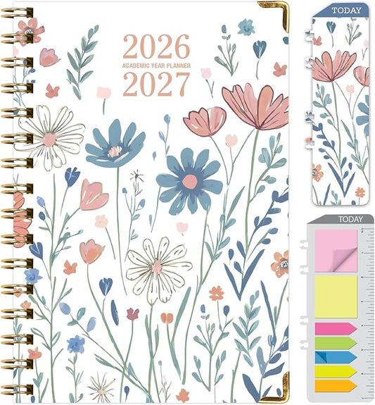 HARDCOVER Academic Year 2026-2027 Planner: 14 Months (May 2026 Through June 2027) 5.5"x 8" Daily Weekly Monthly Planner Yearly Agenda. Bookmark, Pocket Folder and Sticky Note Set (Colorful Botanicals)