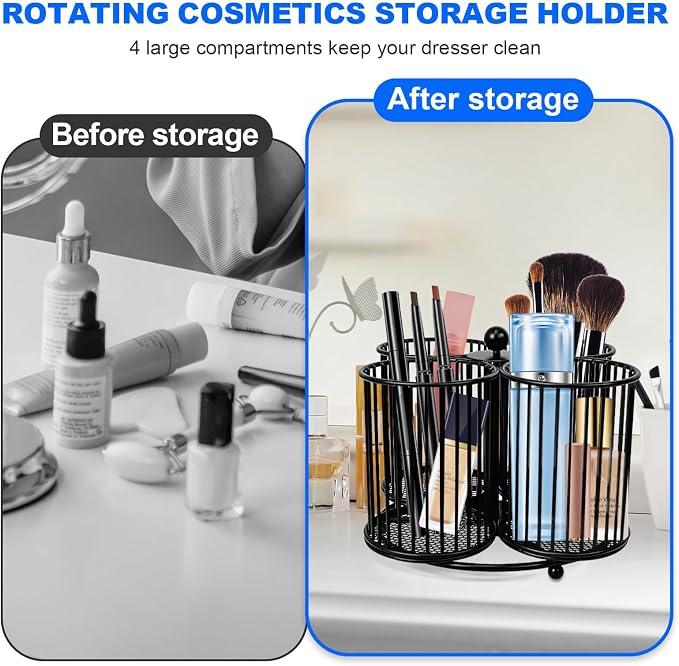 360 Rotating Pen Holder - Large Pencil and Marker Organizer with 4 Slots - Desk Caddy Accessories for School, Office, Home (Black)