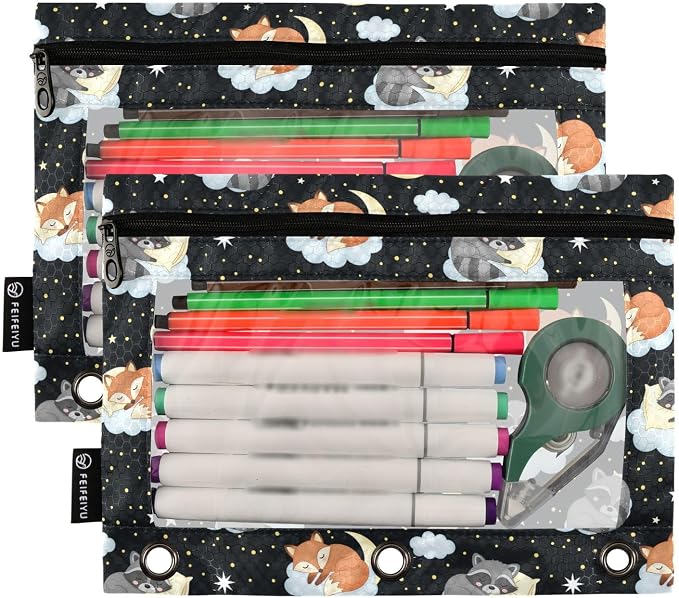 Emelivor Cute Fox Clouds Pencil Pouch for 3 Ring Binder 2 Pcs Binder Pouches with Zipper Pocket Pencil Case Bag with Clear Window for Storing College Office Supplies