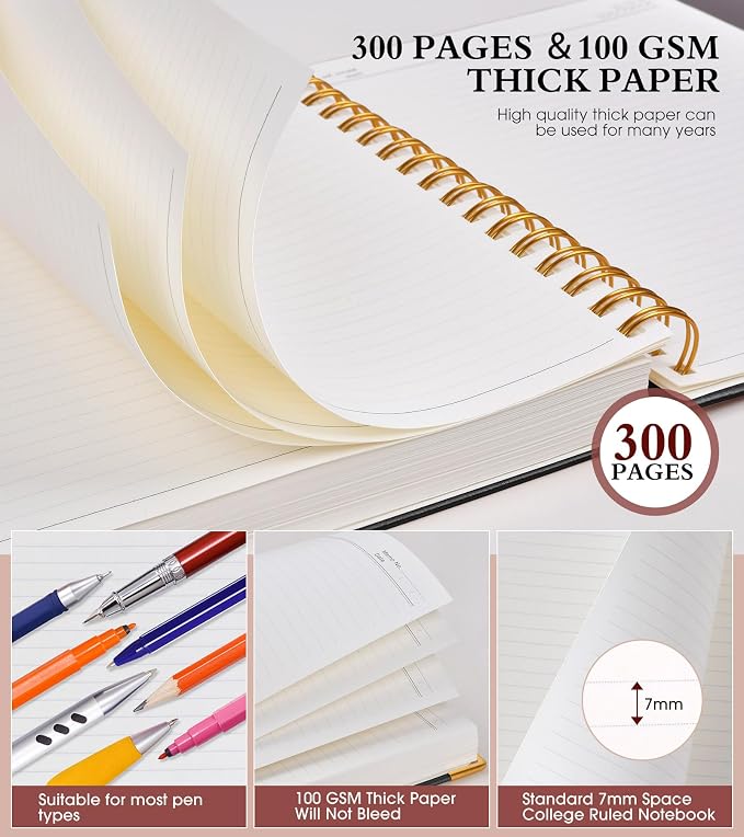 Spiral Notebook Journal 7.6” x 10”, 300 Pages Hardcover Leather Lined Journals for Women Men, B5 Large College Ruled Notebooks with 100 GSM Thick Paper, Spiral Journal for Writing Work School, Black