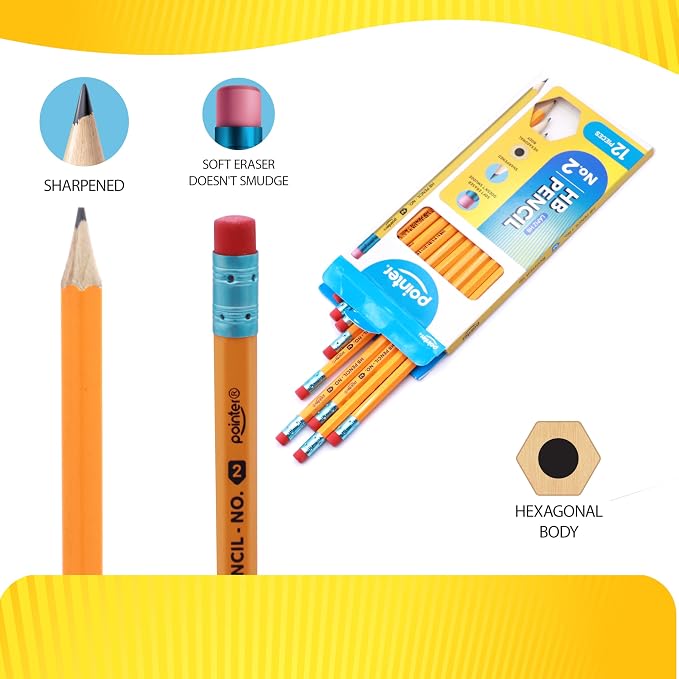 Pointer No. 2 HB Pencils Presharpened HB Wood-Cased Soft Erasers 144 Pack | No.2 HB Pencils Sharpened, Wood Case Pencils with Soft Erasers, No. 2 Wooden Box of Pencils Set for Clasroom Use and Office