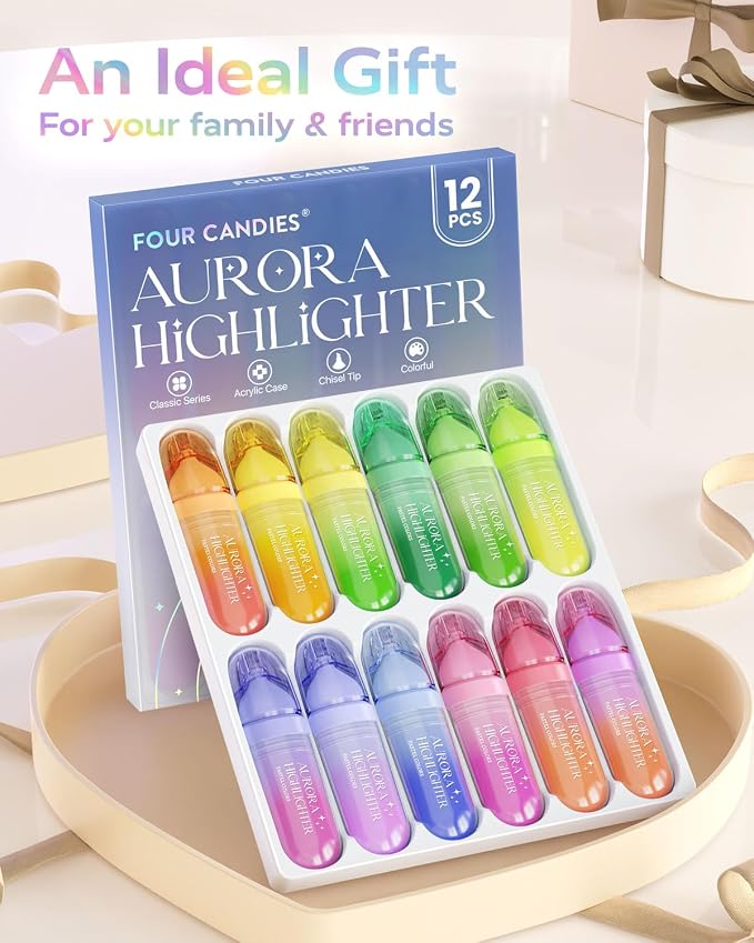 Four Candies 12 Pcs Highlighters Assorted Colors, Cute Pastel Highlighter Set, Dry Quickly, Soft Chisel Tip, No Bleed Highlighter, Aesthetic Highlighters