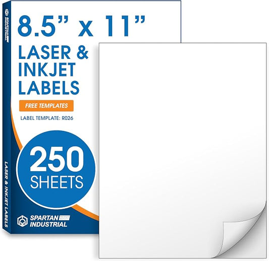 8.5" X 11" Matte White Full Sheet Labels (250 Sheets, 250 Stickers) | Printable Sticker Paper for Laser & Inkjet Printers - Spartan Industrial Template R026