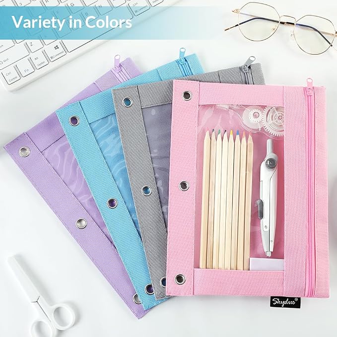 SKYDUE Binder Pencil Pouch – 3 Ring Pencil Pouch with Clear Window, Smooth Zipper Pencil Case for School Supplies, Large Capacity Pencil Pouches for 3 Ring Binder with Reinforced Grommets
