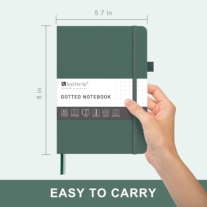 &And Per Se Dotted Journal – A5 Hardcover, Dot Grid Notebook for Planning & Journaling, 160 Pages 100gsm Paper, Stickers - 5.7”x8” (Dark Green)