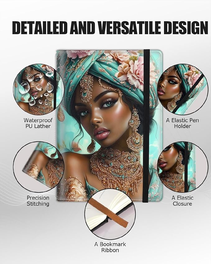 Hardcover Executive Notebooks, A5 PU Leather Lined Journal Notebook, 200 Pages Thick Paper Subject Notebooks for School,Work,Home Writing Business Notebook, Diary Book, Elegant Black Girl