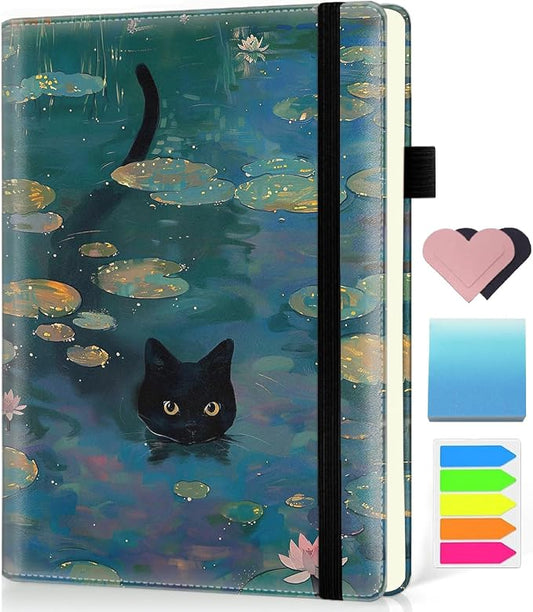 Hardcover Executive Notebooks, A5 PU Leather Lined Journal Notebook, 200 Pages Thick Paper Subject Notebooks for School,Work,Home Writing Business Notebook, Diary Book ， Lack Cat and Lotus