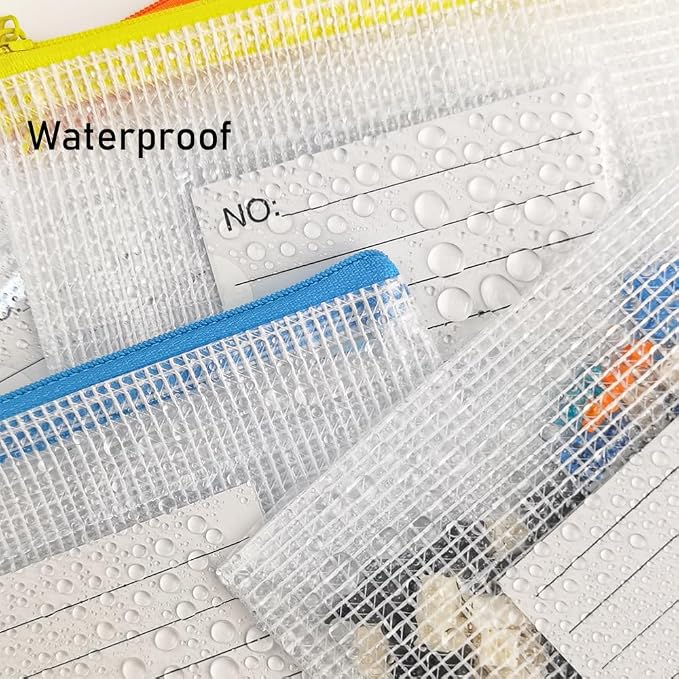 Plastic Mesh Zipper Pouch, 12Pcs Zipper File Bags with Label Pocket, Game Boards Storage Bags, Waterproof Document Storage Bags for Office Home Travel (Receipt Size 9.2x4.1 in)
