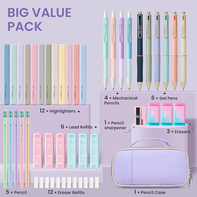 Cute Pencil Case With Supplies, 39 PCS Aesthetic Stationery Set with Pencil Pouch, 6 Black Ink Gel Pens, 12 Highlighters, 5 #2 HB Pencils, 4 Mechanical Pencils, Back to School Supplies - Light Purple