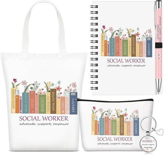 Watersay 5 Pcs Social Worker Appreciation Gifts, Cosmetic Bag, Canvas Bag, Coil Notebook, Ballpoint Pen and Keychain for Women Office School Graduation Advocate Coworker Christmas Anniversaries Gift