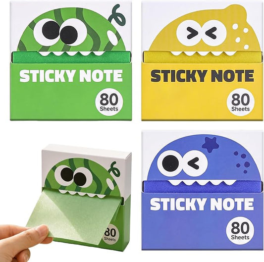 Cute Fruit Monster Pop Up Sticky Notes, Transparent Sticky Notes，3 Box-B | Reusable Office Stationery with Strong Adhesion, No Residue, 50 Reuses Per Sheet, Fun Desk Essential for Office & Study