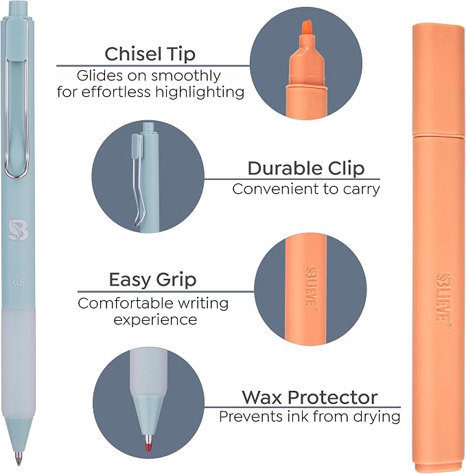 BLIEVE Bible Highlighters And Pens No Bleed, Chisel Tip & Rollerball Pens, Multicolor Ink, Comfort Grip & Fast Dry, Cute Bible Journaling (PASTEL)