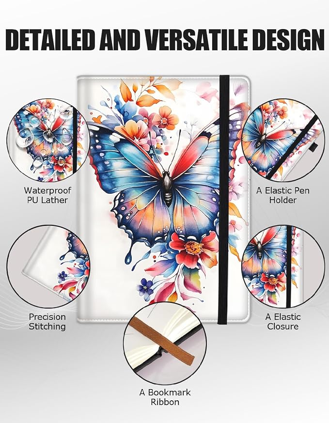 Hardcover Executive Notebooks, A5 PU Leather Lined Journal Notebook, 200 Pages Thick Paper Subject Notebooks for School,Work,Home Writing Business Notebook,Colorful Butterflies and Flowers