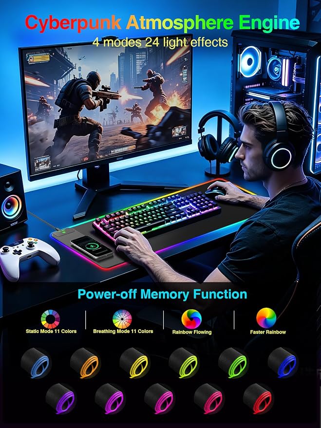 Wireless Charging Mouse Pad Gaming, 31.5"x11.8" Large Desk Mat, Waterproof | RGB Mousepad, Smooth Glide, Stitched Edge, Non-Slip Rubber Base, Desk Pad Computer Keyboard Mat, No Adapter