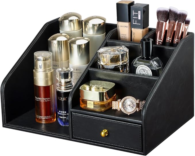 KINGFOM PU Leather Desk Organizer, Multifunction 6 Compartment Desk Organizers and Accessories for Office Supplies, Pen Pencil Holder/Book Mail Organizer Holder for Desk with Drawer(Black)