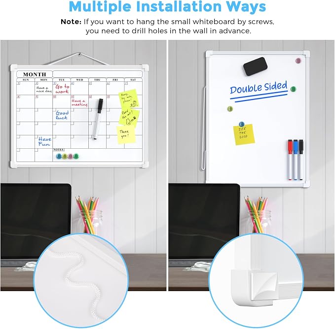 MaxGear Monthly Calendar Dry Erase Board for Wall, 16"x12", White Frame | Double-Sided, Hanging Small White Board, Portable Whiteboard for Planning, Drawing, Memo, to Do List, Home, Kitchen, Office