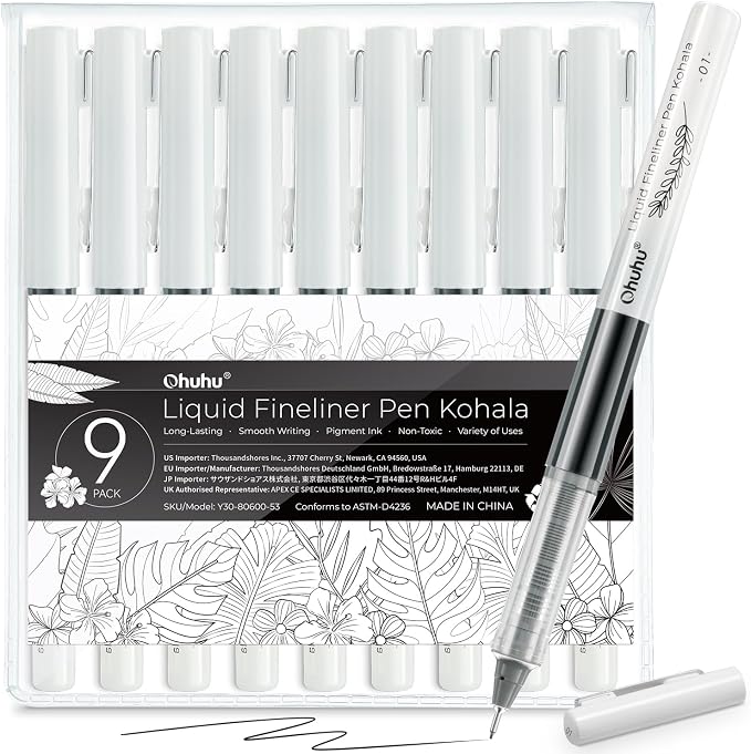 Ohuhu 9 Sizes Liquid Micro Fineliner Drawing Pens | Pigment Black Ink Water-proof Alcohol-proof Assorted Point Tips Smooth Writing Sketching Journaling Anime Artist Beginners