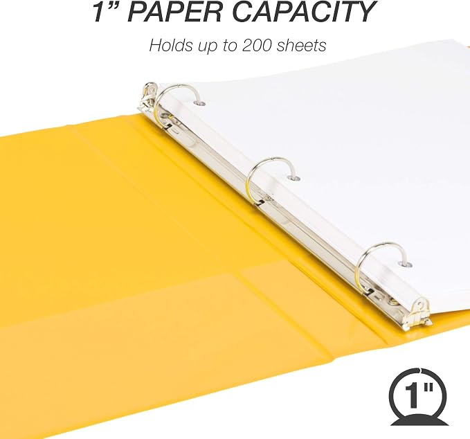 Samsill 1 Inch 3 Ring Binders, Economy Round Ring, Clear View Cover, 200 Sheet Capacity - for School, Home, Office - Yellow, 12 Pack