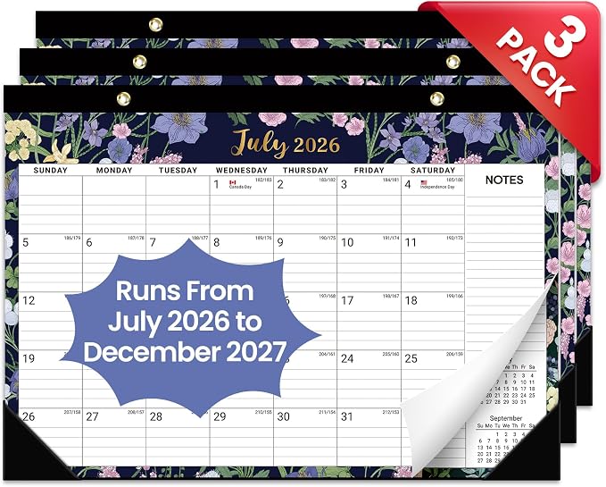 3 Pack of Desk Calendar 2026-2027, 18-Month Calendar Runs from July 2026 to December 2027, Large 17" x 12" Monthly Desktop & Wall Calendar for Home & Office - Midnight Garden