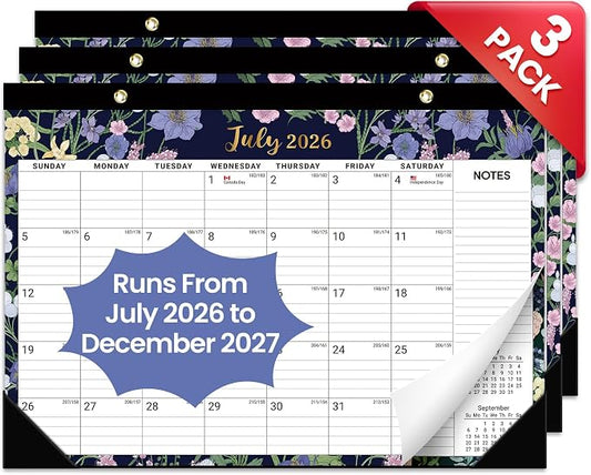 3 Pack of Desk Calendar 2026-2027, 18-Month Calendar Runs from July 2026 to December 2027, Large 17" x 12" Monthly Desktop & Wall Calendar for Home & Office - Midnight Garden