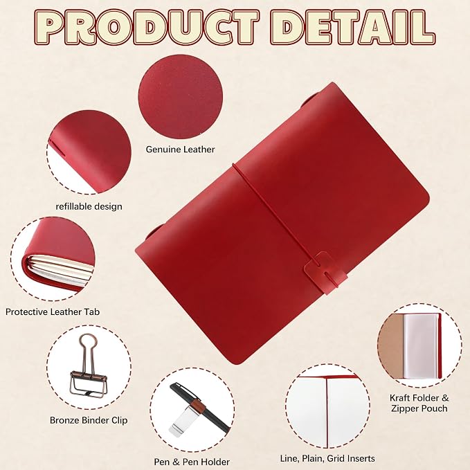 Thenshop Travelers Refillable Leather Journal Notebook Travel Diary Handmade Passport Travelers Journal for Men and Women with 3 Notebook Inserts, Pen Holder, Binder Clip (Red,A6 Size)