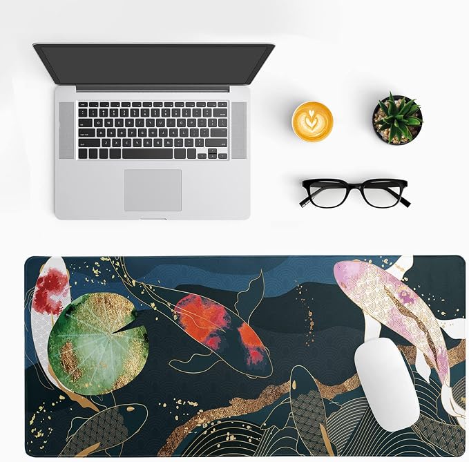 Japanese Gaming Mouse Pad XL - Extended Large Mouse Mat Desk Pad, Stitched Edges Mousepad, 3mm Thick Long Non-Slip Rubber Base Mice Pad, 31.5 X 11.8 Inch - Koi Fish Art