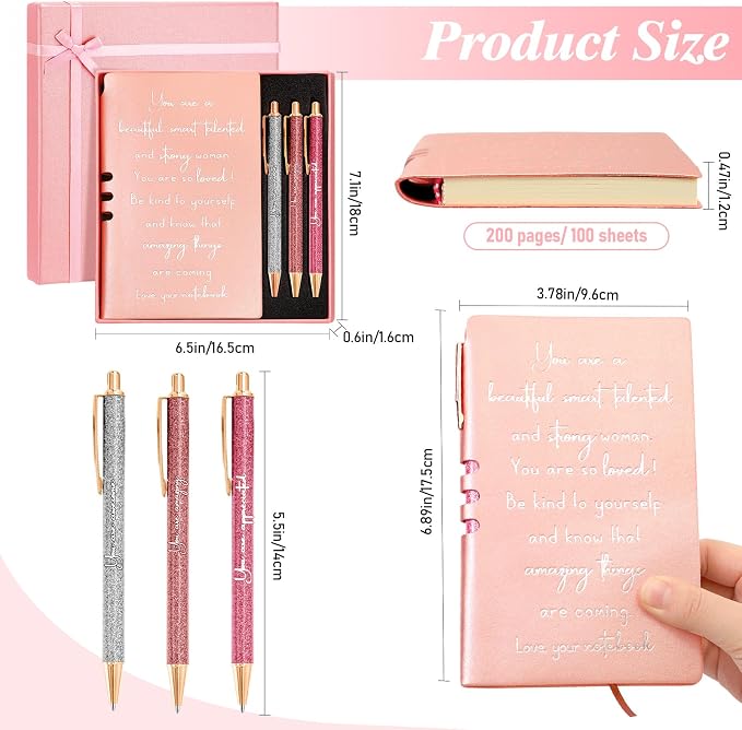 Resurhang 5 Pcs Inspirational Journal for Women Employee Appreciation Gift A6 Leather Journal Glitter Ballpoint Pen with Box for Back to School Teacher Coworker Female Secretary Nurse(Rose Gold)
