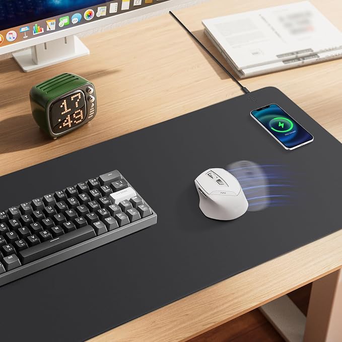 Mouse Pad with Wireless Charging, PU Leather Fast Charging Gaming Mouse Pad, Waterproof Anti-Slip Surface, Easy Clean Office Table Mat, 32L x 16W x 0.15H inches, Black(Right Side Charging Port)