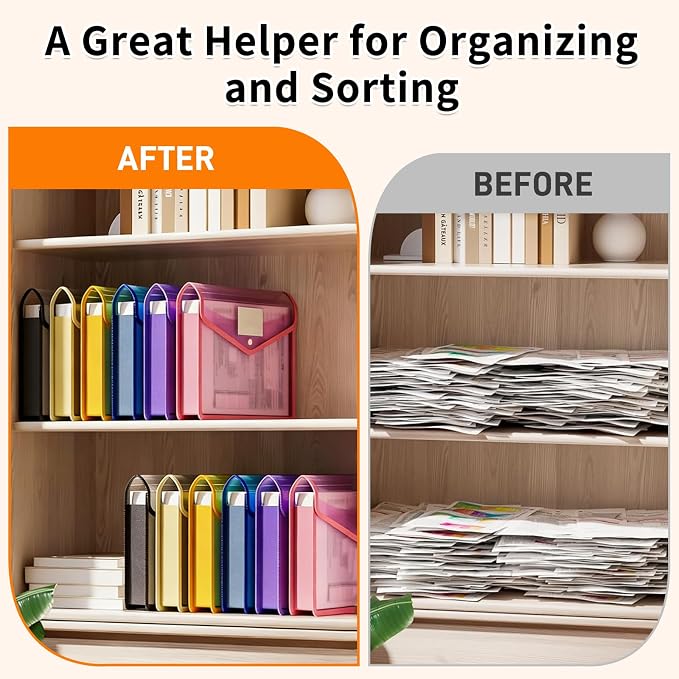 Plastic Expanding File Folder, Transparent Envelopes with Snap Closure | No Dividers, Large Capacity, Assorted Colors, Accordion Folder Organizer for File Folder, Fits Letter / A4 Size, 10 Pack