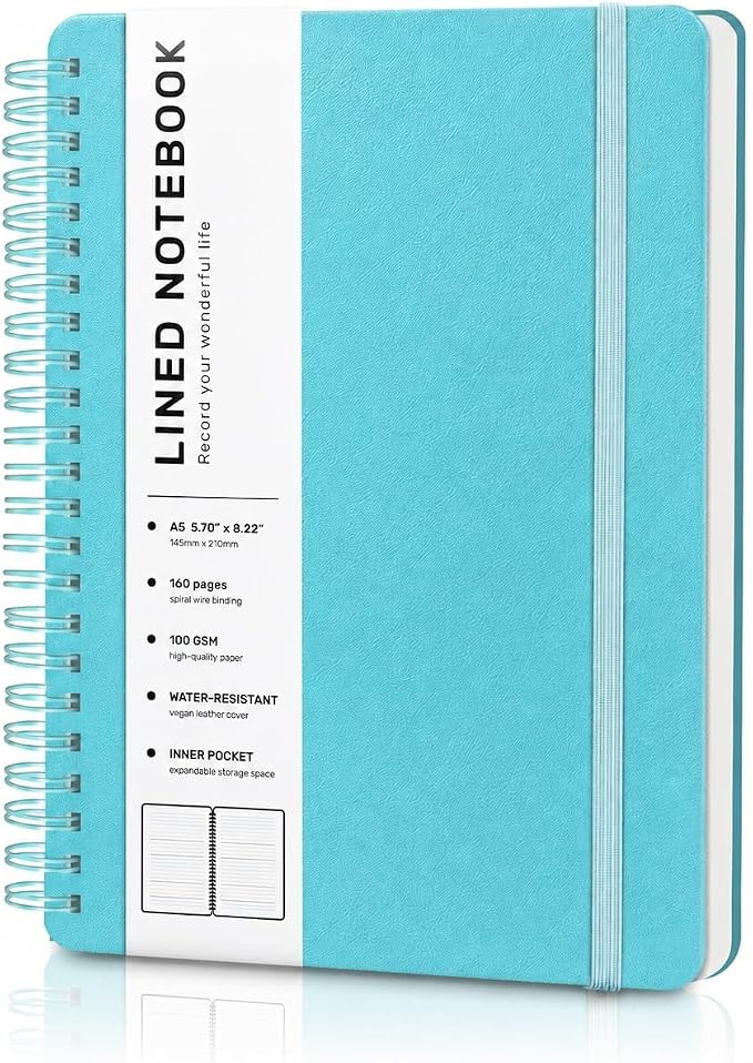 Lined Spiral Journal Notebook with 160 Pages, 8×5.7in, A5 Spiral Notebook, Journaling Notebooks for Work, School, Women, Men, College Ruled Spiral Notebook, Hardcover Leather Journals, Light Blue