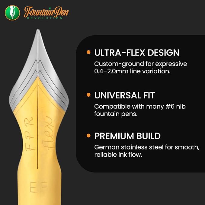 FPR #6 Two-Toned EF Ultra Flex Fountain Pen Nib for Writers, Professionals | Custom-Ground Shoulders, 0.4 mm EF to 2.0 mm Line Variation, German-Made Stainless Steel Tipping, Drill Point