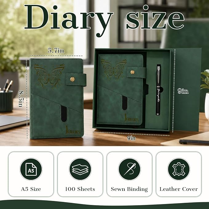 Personalized Leather Journal Gift Set with Gift Box, Custom A5 Notebook & Pen Set, Leather Bound Writing Diary for Men Women, Travel Work School Gifts