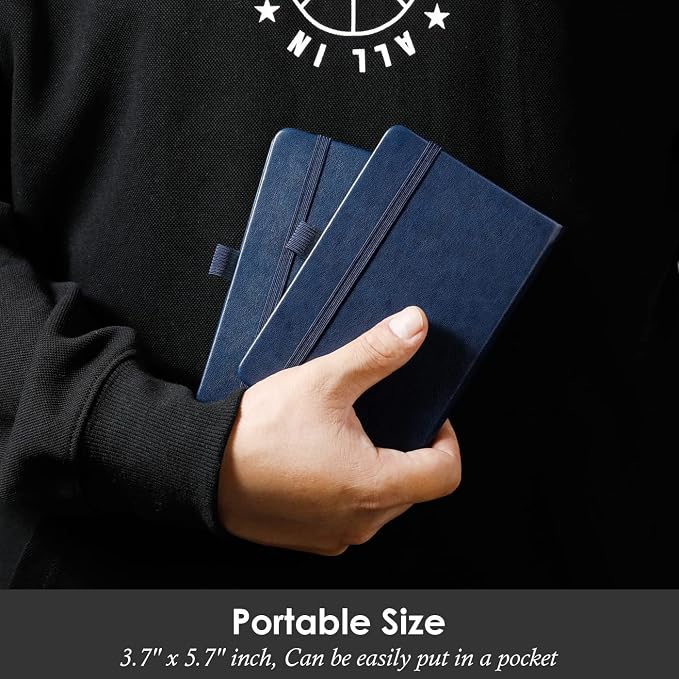 NIRMIRO Pocket Notebook Journals, 3 Pack Mini Small Notebooks for Work, Leather Cover Notepad with 3 pens, Elastic Closure, Blue